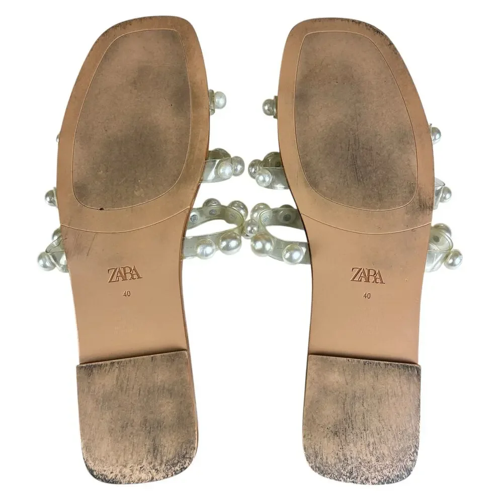 Zara Sandals Women Sz 40 (US 9) Clear Strap Pearl Embellished Coastal Slide Flat - Picture 6 of 9